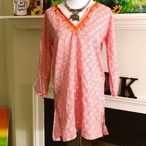 flora geo coral/orange embroidered tunic dress